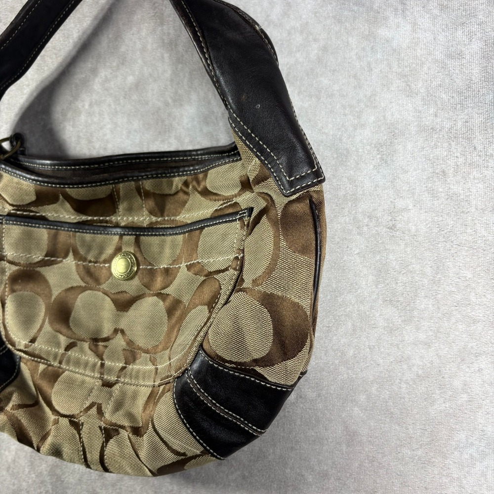 Coach Shoulder Bag Women Medium Brown Signature Canvas Hobo Leather Trim Vintage - Picture 4 of 16